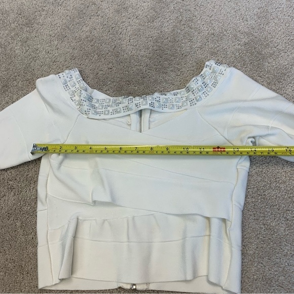 Bebe white bandage rhinestone jewelled cutout crop top Sz L - Picture 9 of 10